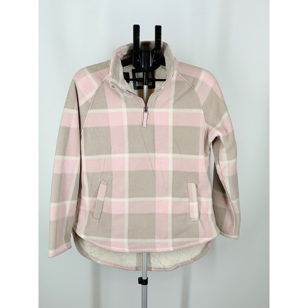 Jachs Girlfriend Pink Plaid Sherpa Lined Quarter Zip Fleece Pullover